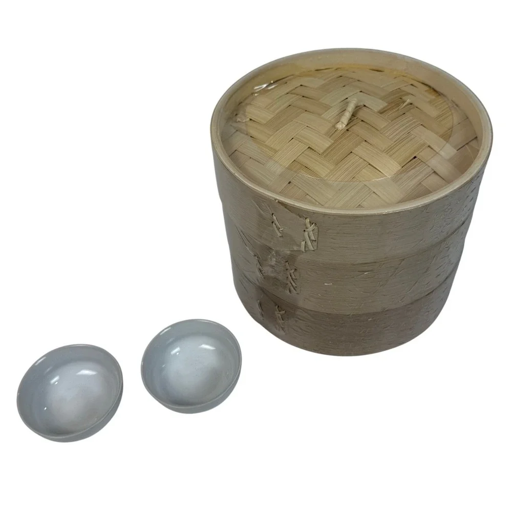 NEW 3 Tier Bamboo Steamer Basket Set with Lid & 2 Ceramic Soy Sauce Bowls in Box